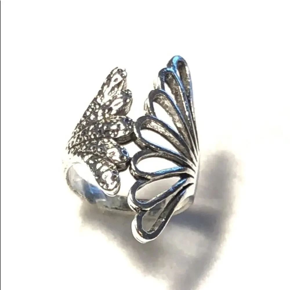 Silver plated chunky double floral bohemian ring unique boho Size 9